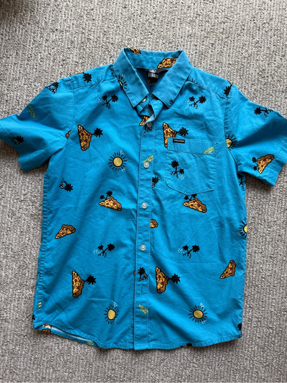 Volcom Boy’s Blue Tropical Pizza Print Short Sleeve Shirt